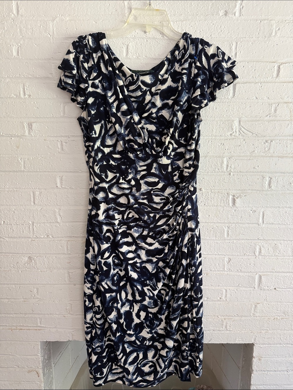 Ralph Lauren Navy and White Printed Ruffled-Sleeve Dress